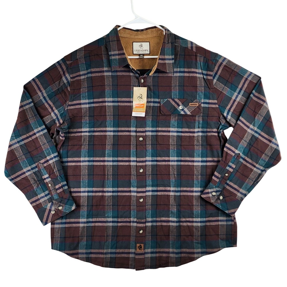 Legendary Whitetails‎ Buck Camp Flannel Mens 2XL Brown Teal Plaid Rugged Outdoor